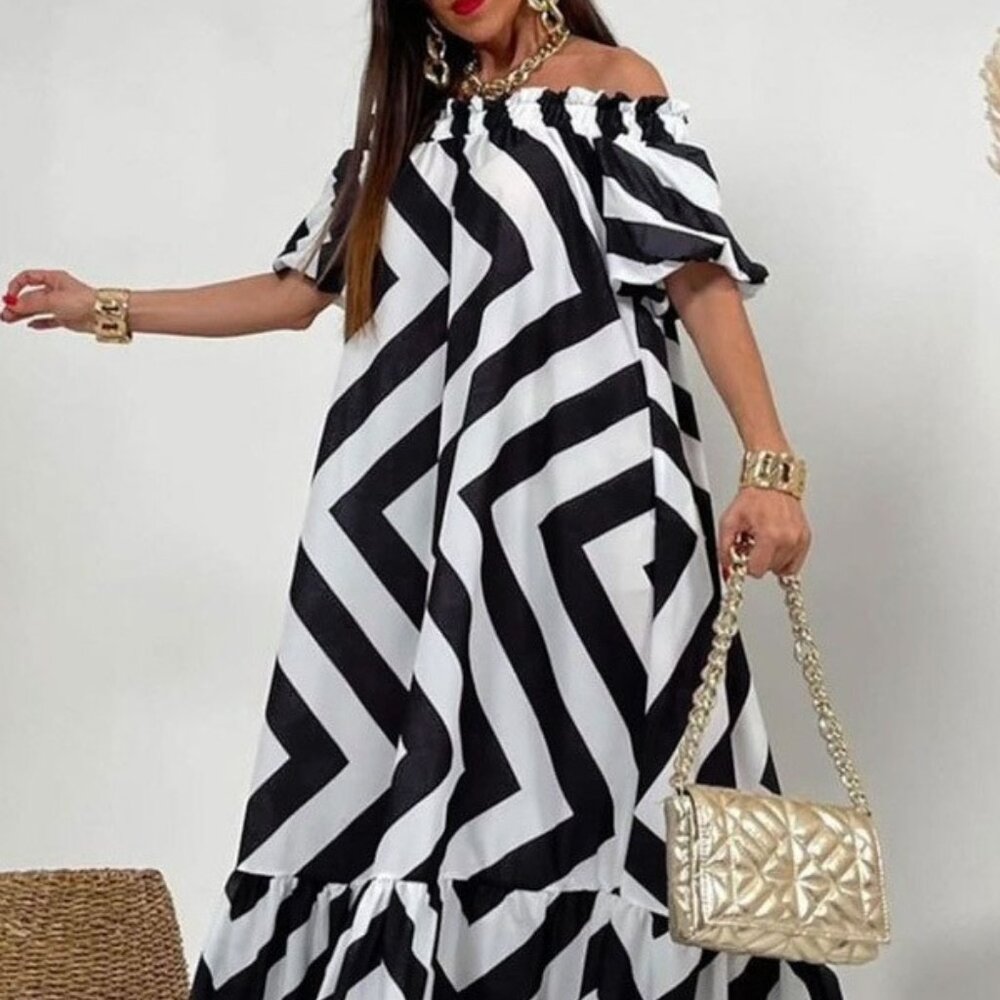 NWT- Maxi- Black and White Stripe off the shoulders